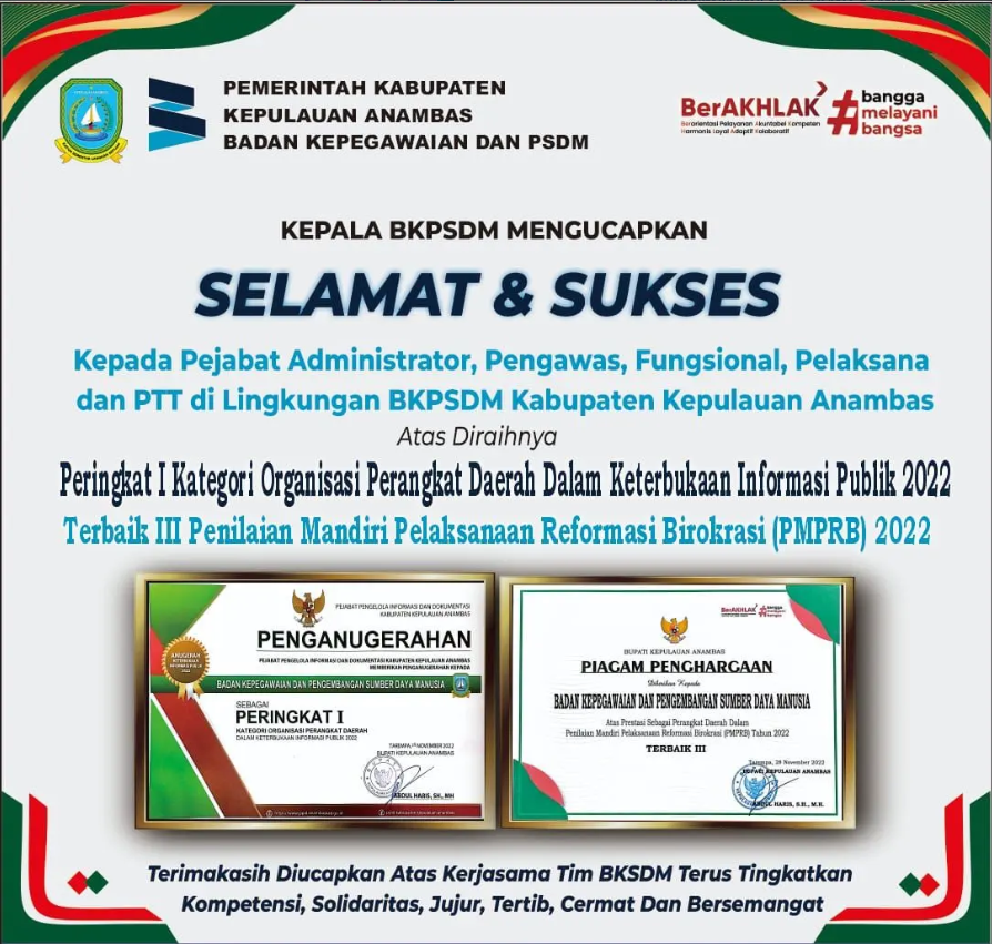 BKPSDM Kabupaten Kepulauan Anambas Raih Peringkat I Keterbukaan Informasi Publik dan Peringkat III Reformasi Birokrasi Tahun 2022