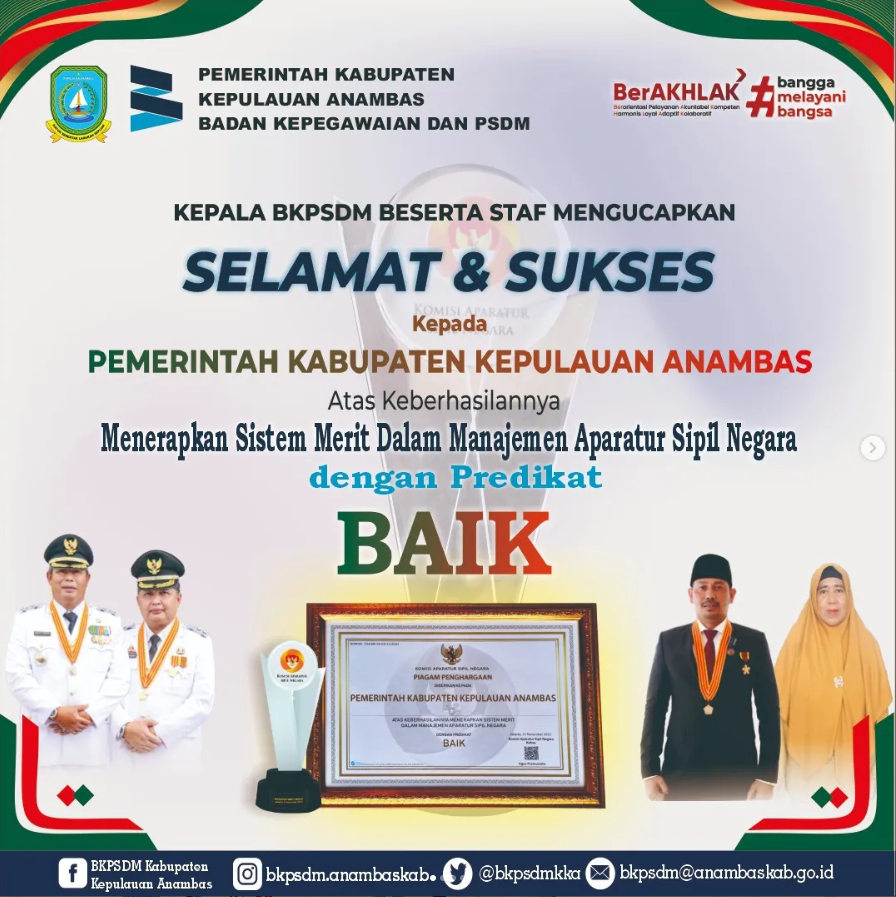 Pemerintah Kabupaten Kepulauan Anambas Raih Penghargaan Sistem Merit Predikat "Baik" Tahun 2022